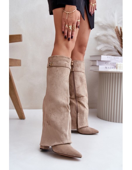 Women's Eco Suede Boots With Rolled Top On Heel Beige Bralise