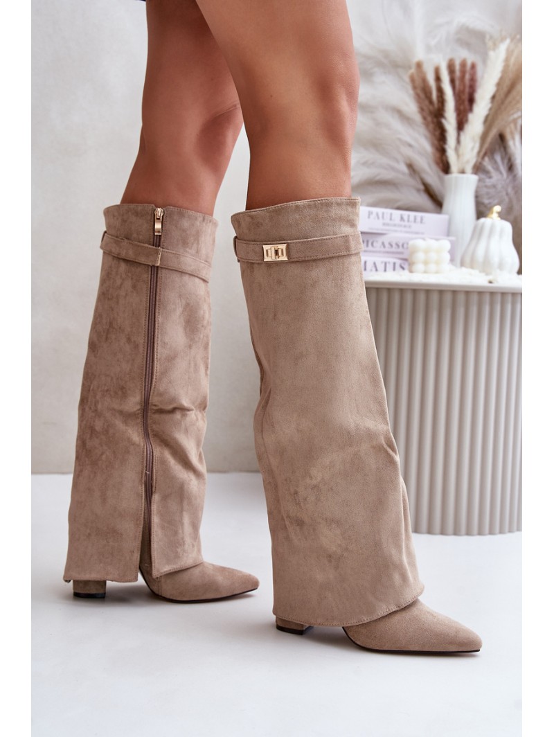 Women's Eco Suede Boots With Rolled Top On Heel Beige Bralise