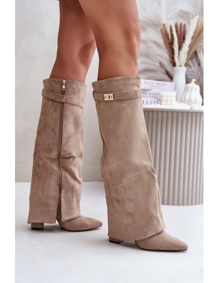 Women's Eco Suede Boots With Rolled Top On Heel Beige Bralise