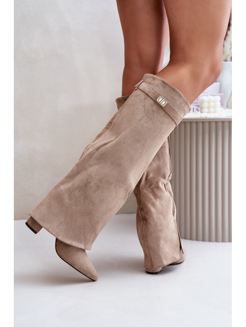 Women's Eco Suede Boots With Rolled Top On Heel Beige Bralise