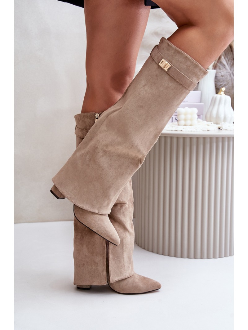 Women's Eco Suede Boots With Rolled Top On Heel Beige Bralise