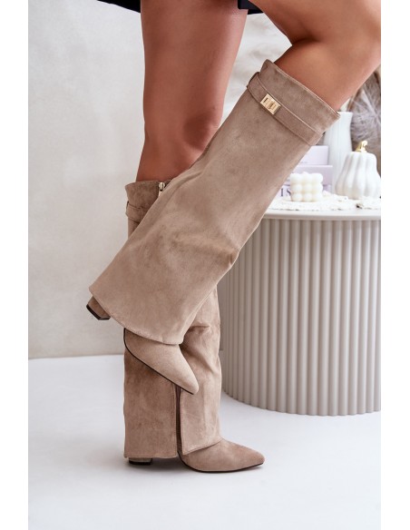 Women's Eco Suede Boots With Rolled Top On Heel Beige Bralise