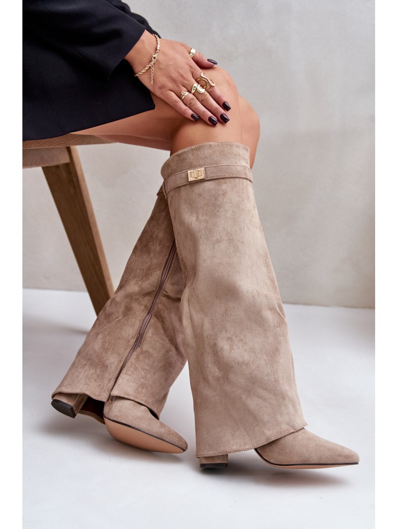 Women's Eco Suede Boots With Rolled Top On Heel Beige Bralise