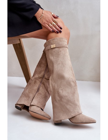 Women's Eco Suede Boots With Rolled Top On Heel Beige Bralise