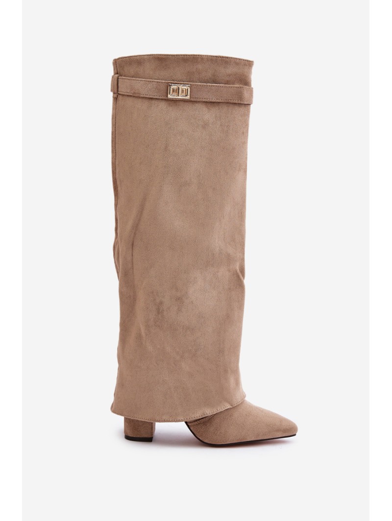 Women's Eco Suede Boots With Rolled Top On Heel Beige Bralise