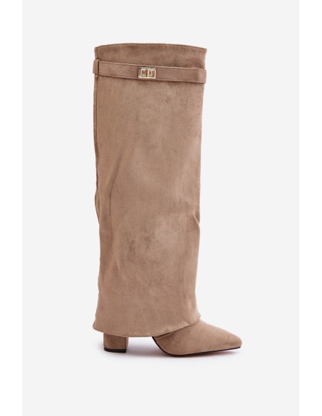 Women's Eco Suede Boots With Rolled Top On Heel Beige Bralise