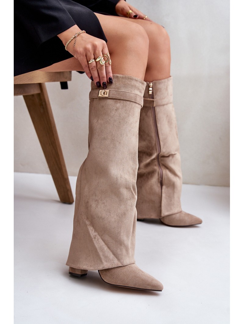Women's Eco Suede Boots With Rolled Top On Heel Beige Bralise