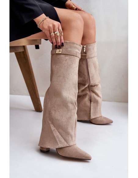 Women's Eco Suede Boots With Rolled Top On Heel Beige Bralise