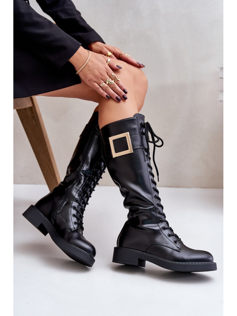 Combat Boots With Decorative Buckle Black Linnealisa