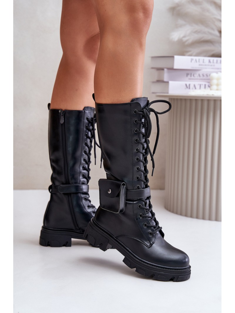 Insulated combat boots up to mid-calf with pouch black Temisza