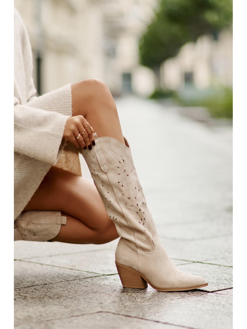 Cowboy Boots On A Heel With A Lattice Pattern Above The Knee Light Beige Innathoria