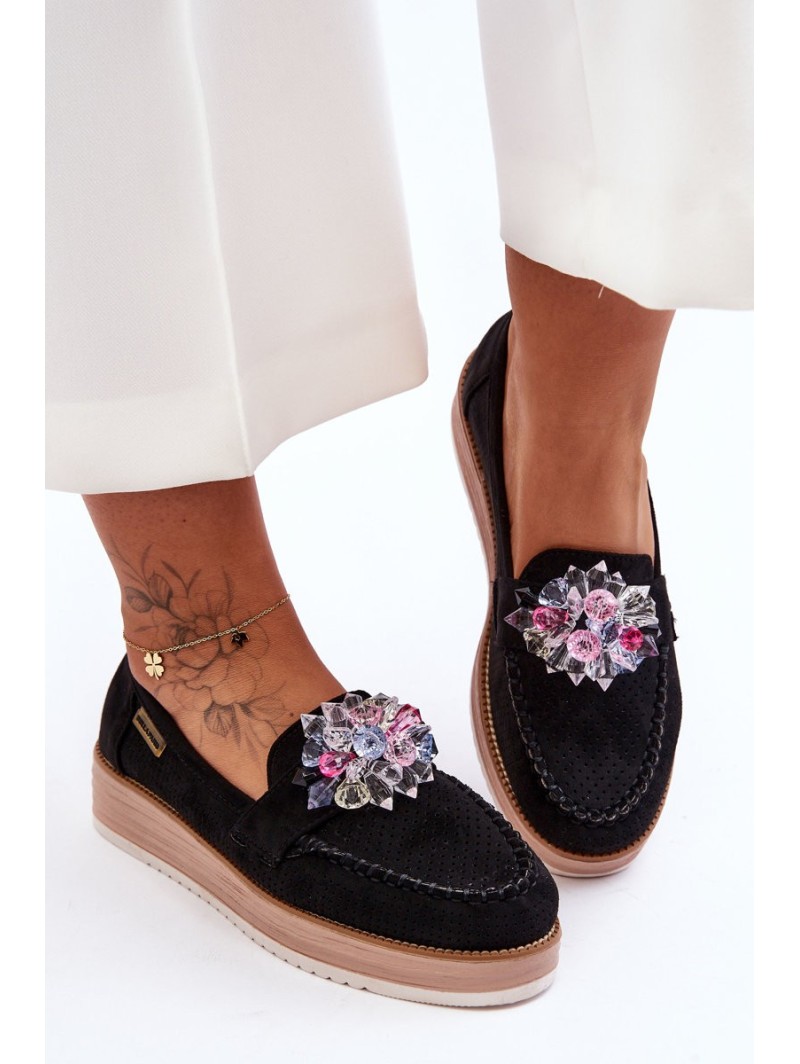 Women's Platform Moccasins with Stones Black Elonore