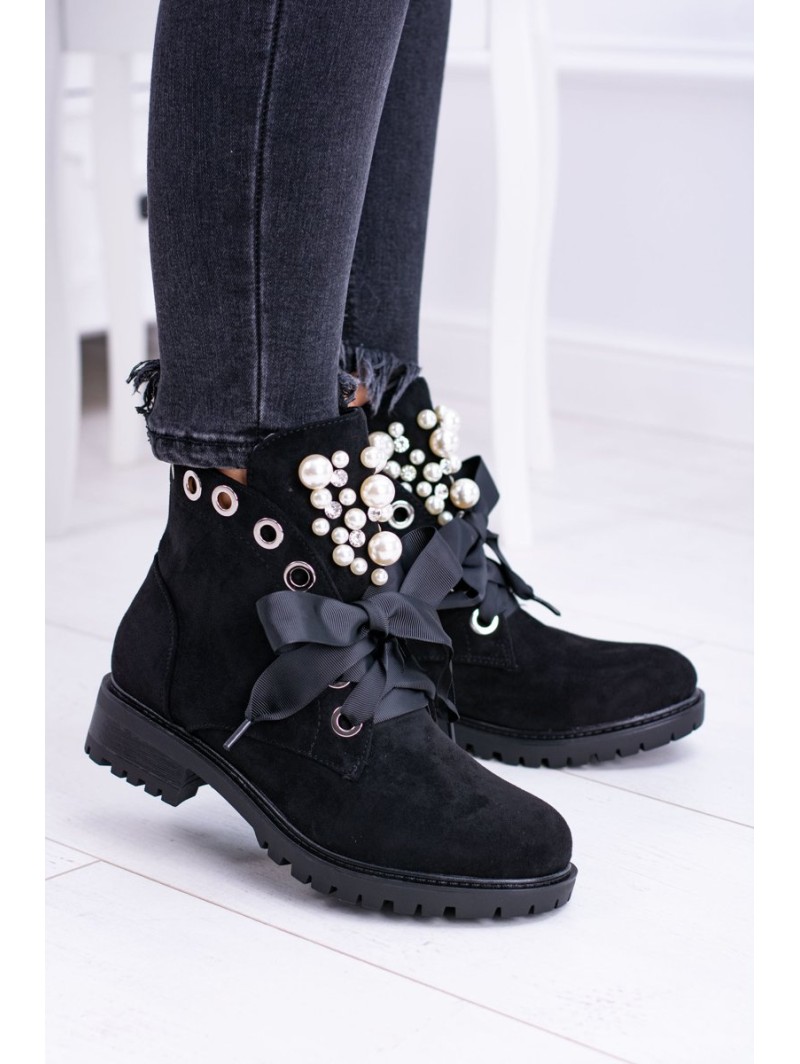 Suede Lined Ankle Boots With Pearls And Ribbon Black Perla