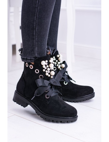 Suede Lined Ankle Boots With Pearls And Ribbon Black Perla