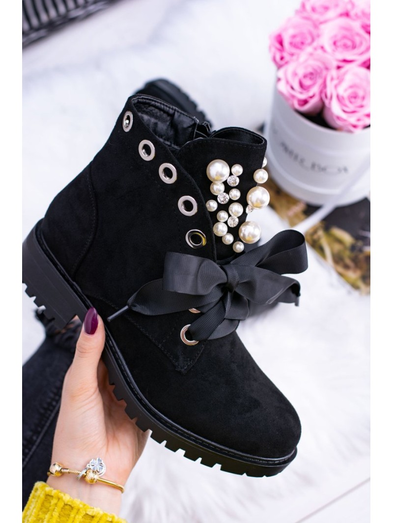 Suede Lined Ankle Boots With Pearls And Ribbon Black Perla