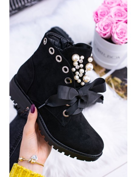 Suede Lined Ankle Boots With Pearls And Ribbon Black Perla