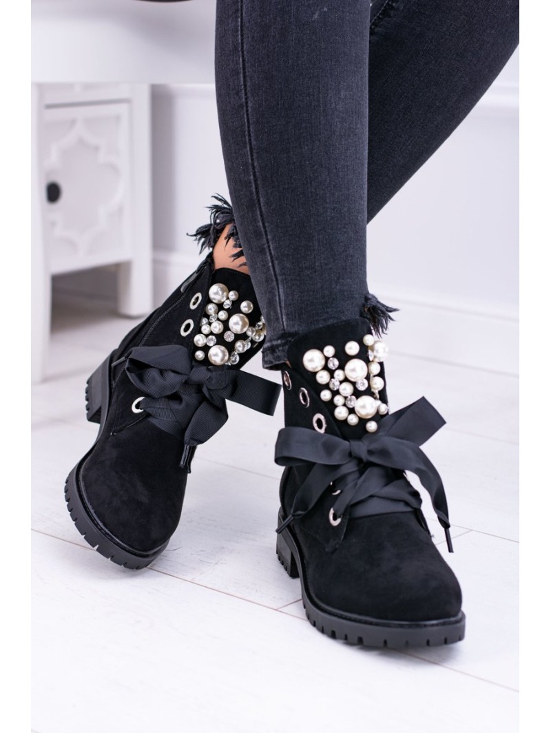 Suede Lined Ankle Boots With Pearls And Ribbon Black Perla