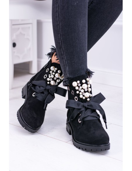 Suede Lined Ankle Boots With Pearls And Ribbon Black Perla