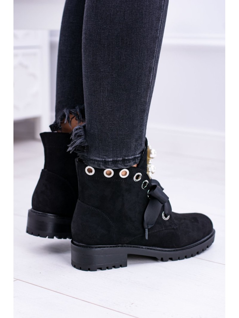 Suede Lined Ankle Boots With Pearls And Ribbon Black Perla