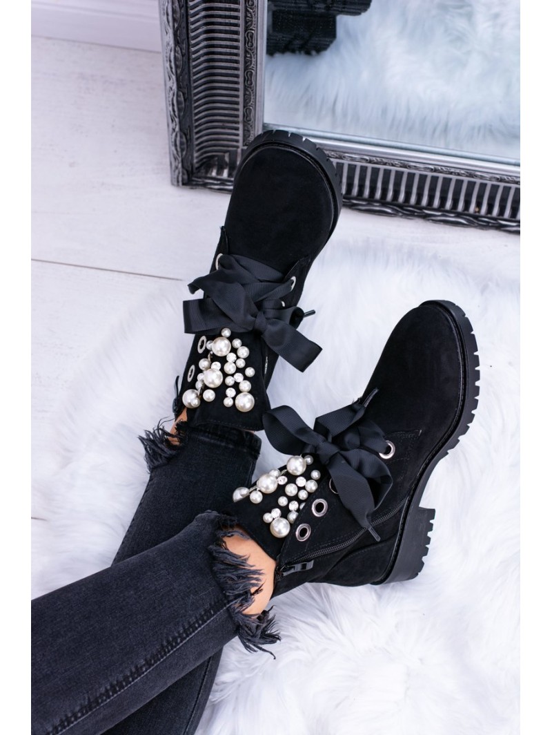 Suede Lined Ankle Boots With Pearls And Ribbon Black Perla