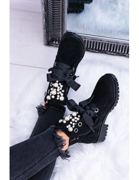 Suede Lined Ankle Boots With Pearls And Ribbon Black Perla