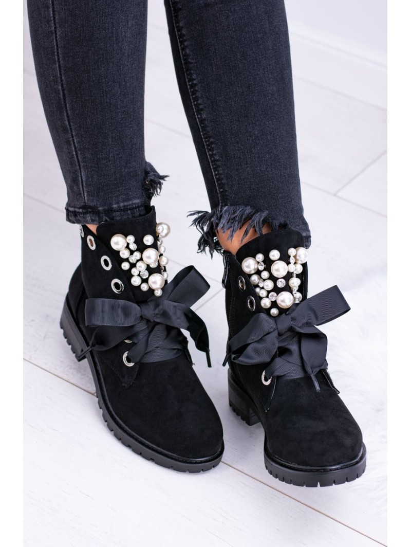Suede Lined Ankle Boots With Pearls And Ribbon Black Perla