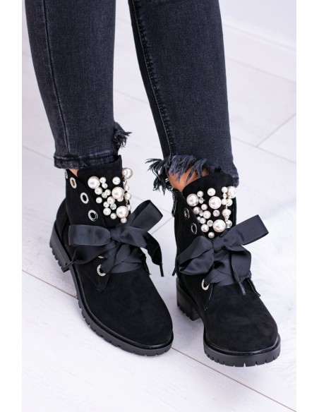 Suede Lined Ankle Boots With Pearls And Ribbon Black Perla