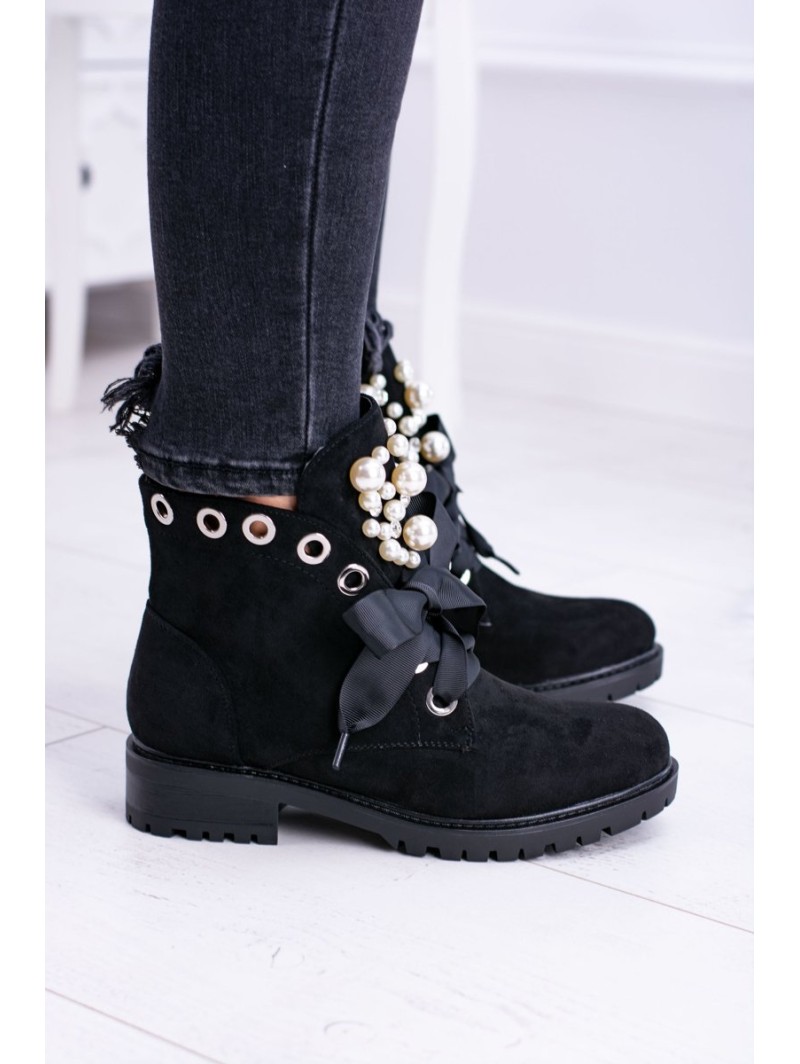Suede Lined Ankle Boots With Pearls And Ribbon Black Perla