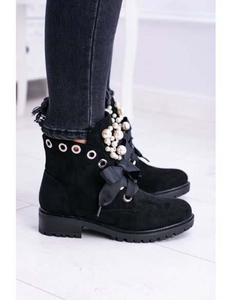 Suede Lined Ankle Boots With Pearls And Ribbon Black Perla