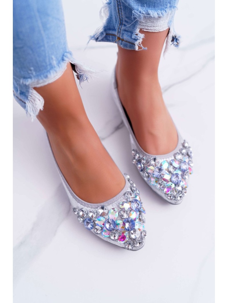 Leather Ballerinas with Stones Silver Crystal