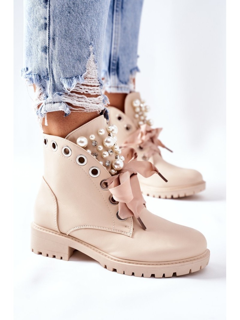 Beige Boots With Pearls, Rhinestones And Ribbon Nudago