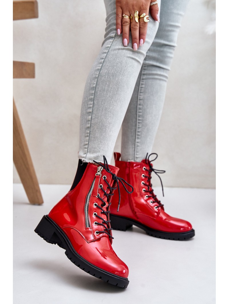 Lacquered Worker Boots With Zipper Insulated Red Ravanthia