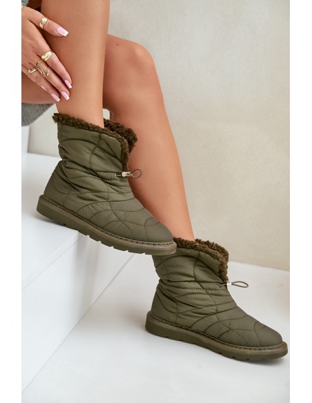 Women's Snow Boots With Drawstring Insulated With Sheepskin Dark Green Vamidra