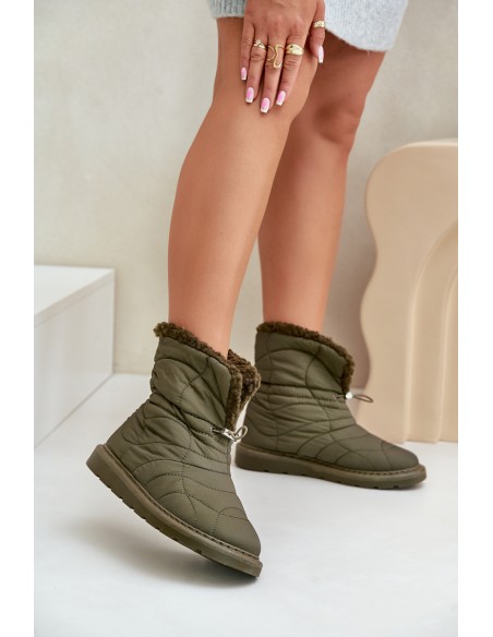 Women's Snow Boots With Drawstring Insulated With Sheepskin Dark Green Vamidra