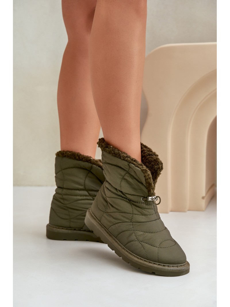 Women's Snow Boots With Drawstring Insulated With Sheepskin Dark Green Vamidra