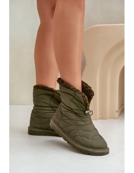 Women's Snow Boots With Drawstring Insulated With Sheepskin Dark Green Vamidra