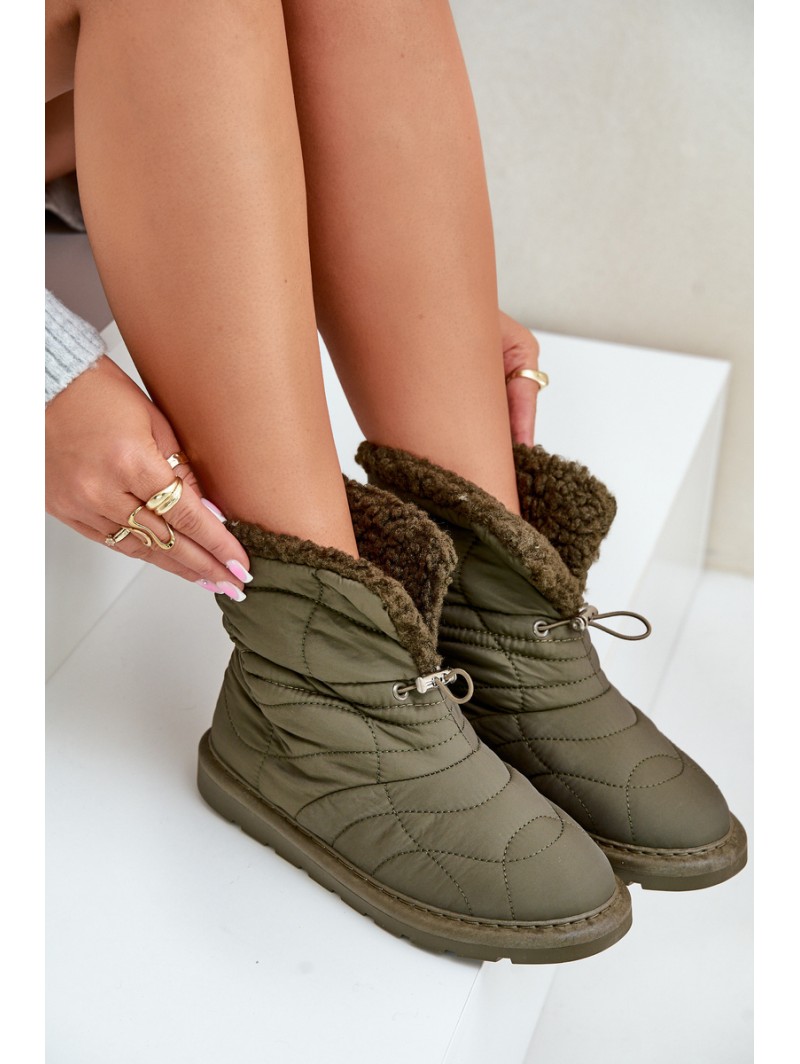 Women's Snow Boots With Drawstring Insulated With Sheepskin Dark Green Vamidra