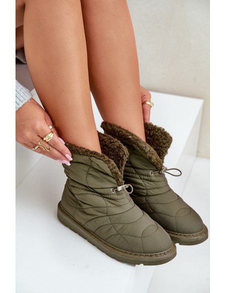 Women's Snow Boots With Drawstring Insulated With Sheepskin Dark Green Vamidra
