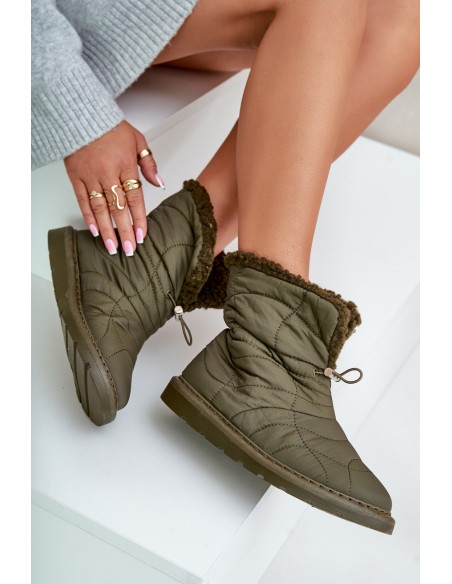 Women's Snow Boots With Drawstring Insulated With Sheepskin Dark Green Vamidra