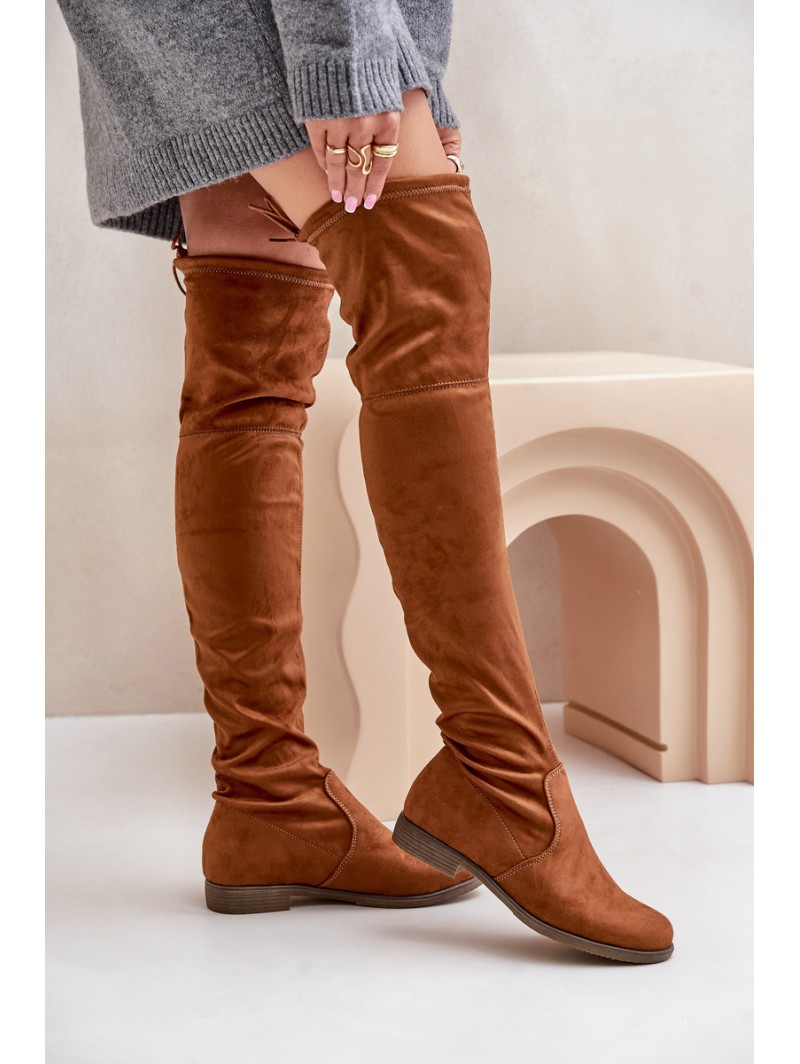 Knee High Flat Heel Boots Made Of Eco Suede Camel Linnithia