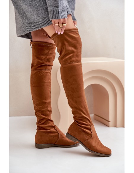 Knee High Flat Heel Boots Made Of Eco Suede Camel Linnithia