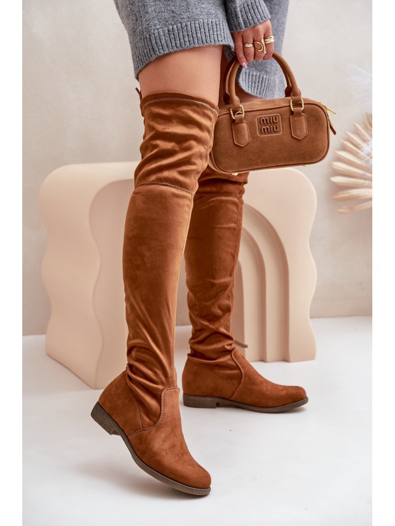 Knee High Flat Heel Boots Made Of Eco Suede Camel Linnithia