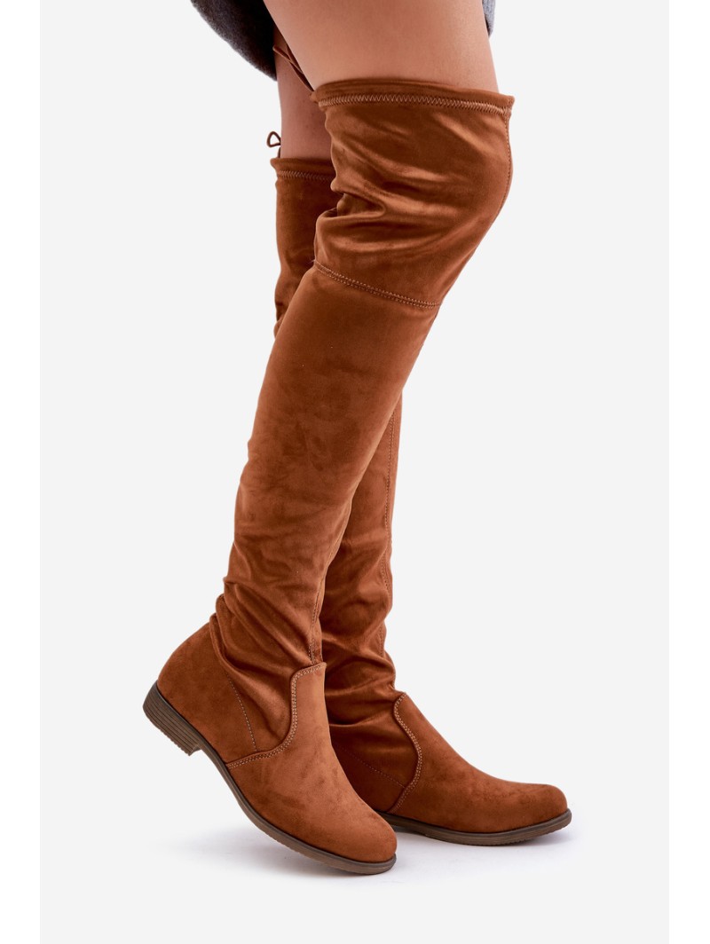 Knee High Flat Heel Boots Made Of Eco Suede Camel Linnithia
