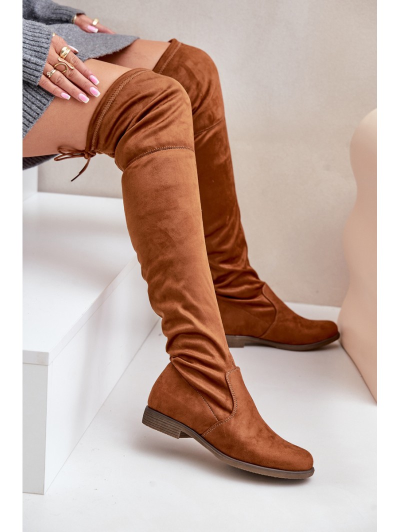 Knee High Flat Heel Boots Made Of Eco Suede Camel Linnithia