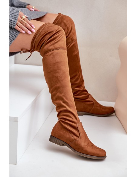 Knee High Flat Heel Boots Made Of Eco Suede Camel Linnithia