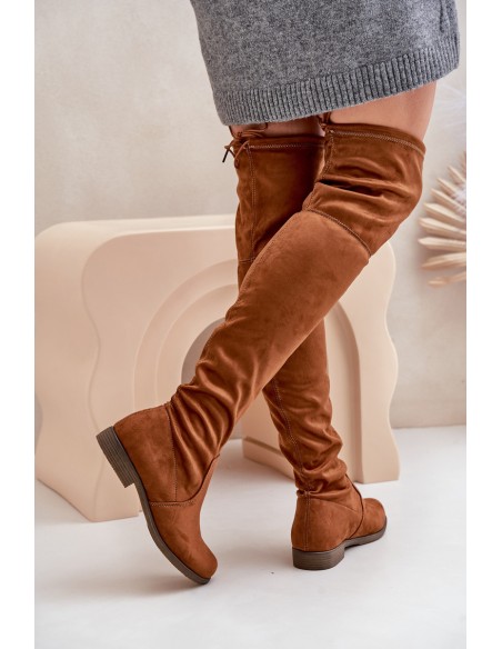 Knee High Flat Heel Boots Made Of Eco Suede Camel Linnithia