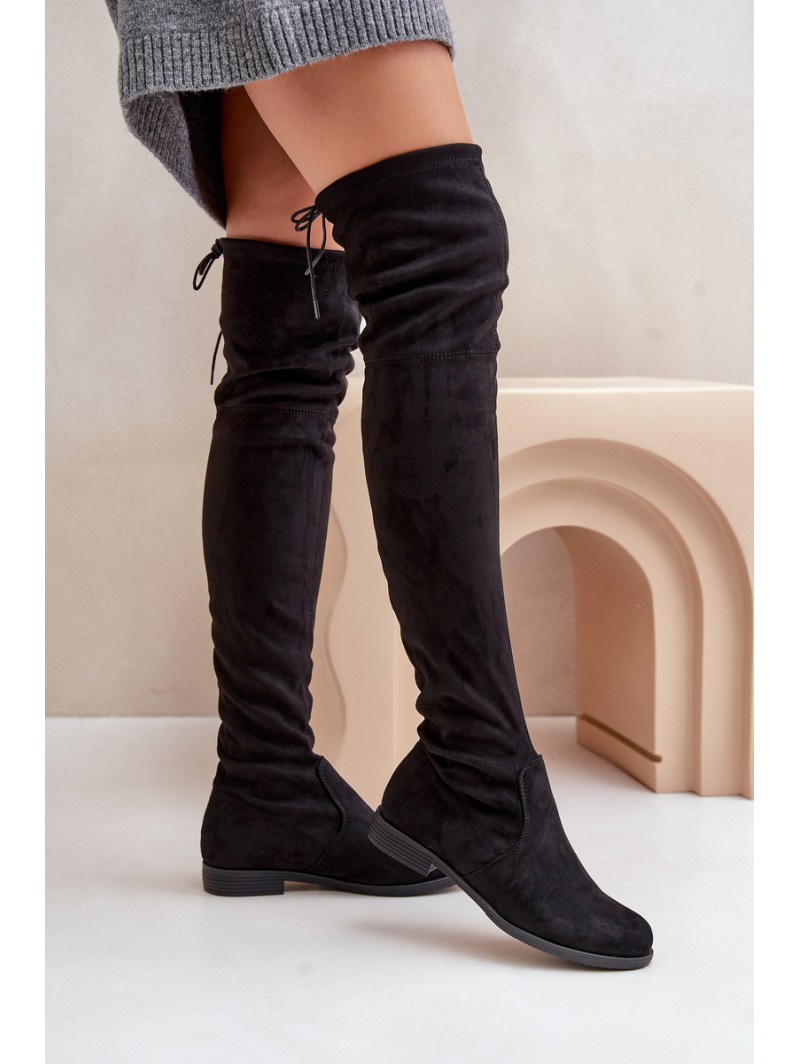 Knee High Flat Heel Boots Made Of Eco Suede Black Linnithia