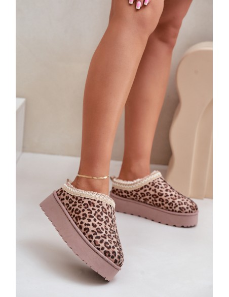 Women's Platform Snow Boots Insulated With Fur Leopard Brown Straps