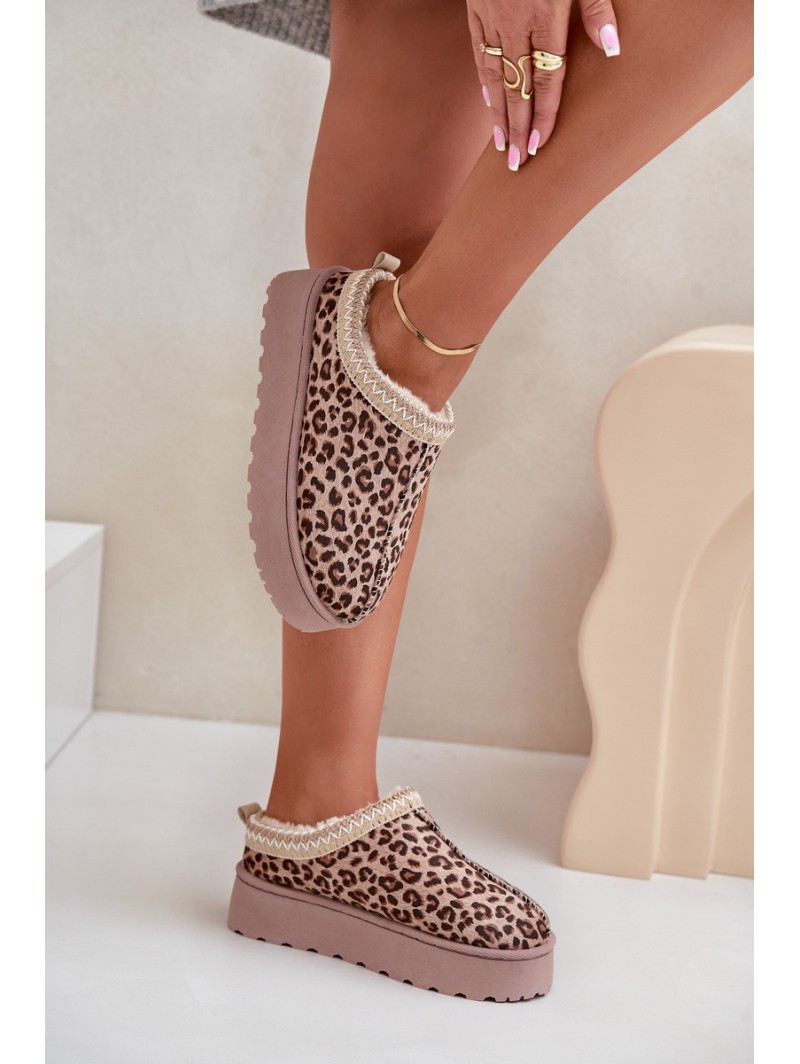 Women's Platform Snow Boots Insulated With Fur Leopard Brown Straps