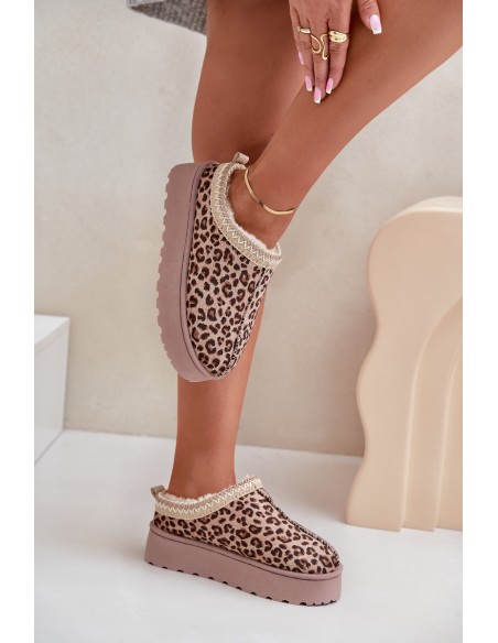 Women's Platform Snow Boots Insulated With Fur Leopard Brown Straps